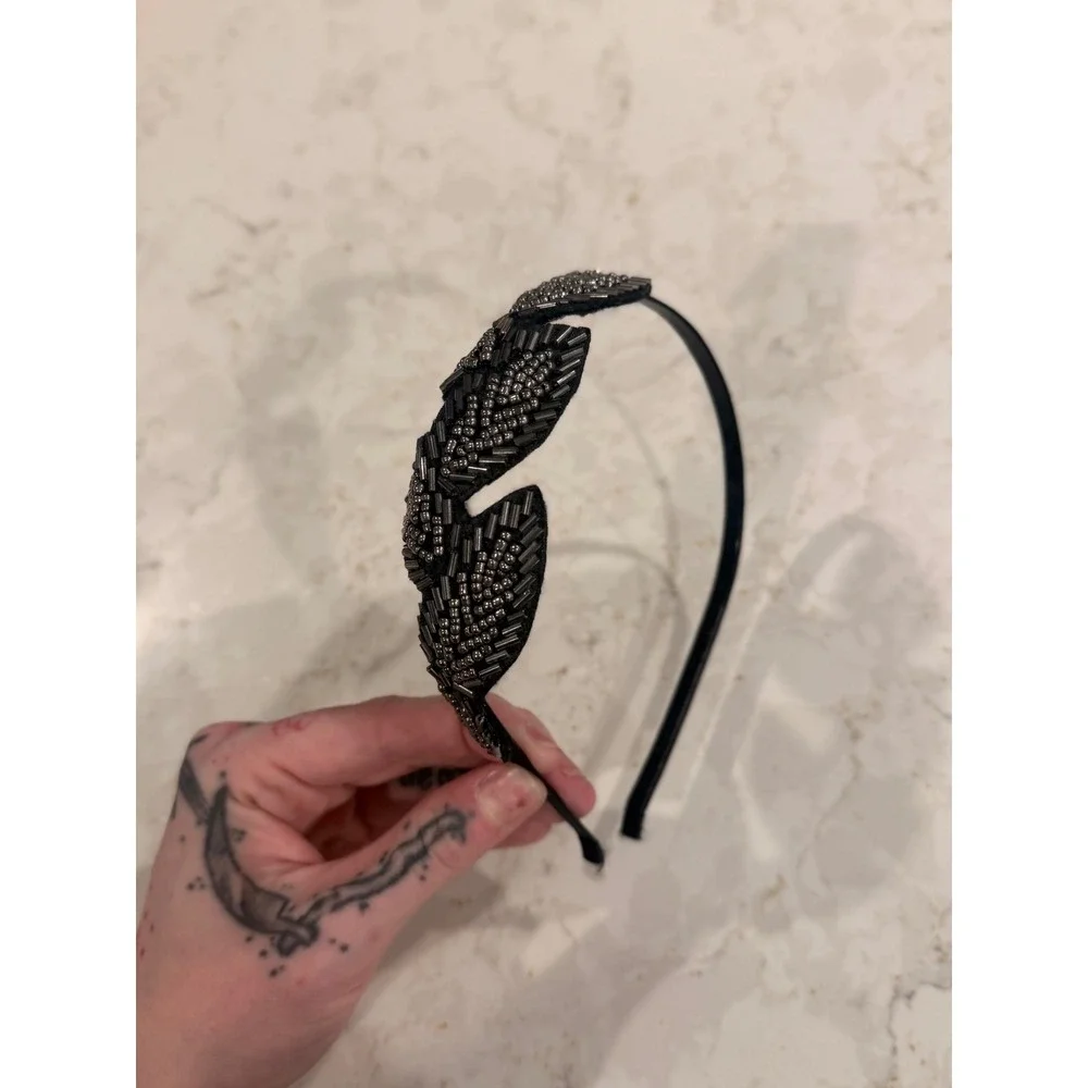 Black Beaded Leaf Headband Gunmetal Seed Bead Statement Hair Accessory Headpiece
